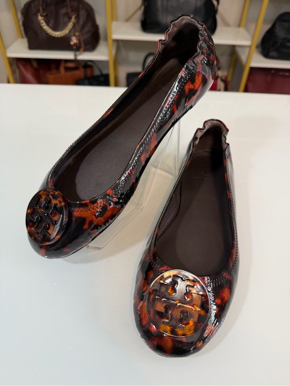 Tory Burch Tortoiseshell Patent Reva Ballet Flats - Brown/Black/Amber Sz 8.5